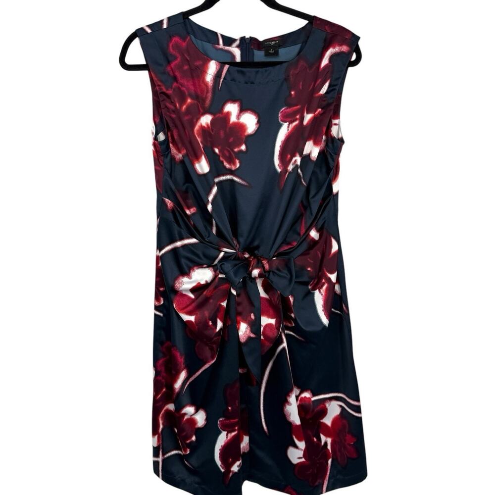Ann Taylor Sheath Dress 6 Navy Blue Floral Satin Sleeveless Bow Tie Waist Party